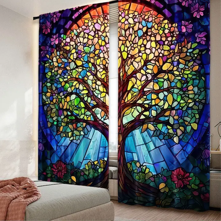 2Pcs Cortinas De Vidrio Estampado De Vida Árbol Fragmentado Diseño Estilo Cortinas De Privacidad Para Sala De Estar Y Dormitorio Decoración Del Hogar - 1