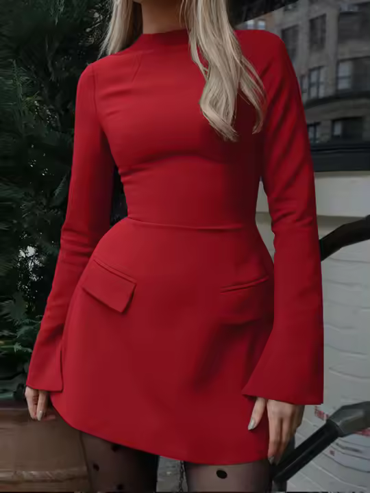 Vestido Mini Bodycon Elegante Dulzura Con Mangas Largas Cierre De Cremallera Y Bolsillos Para Mujer Oficina Streetwear Otoño Invierno - 1