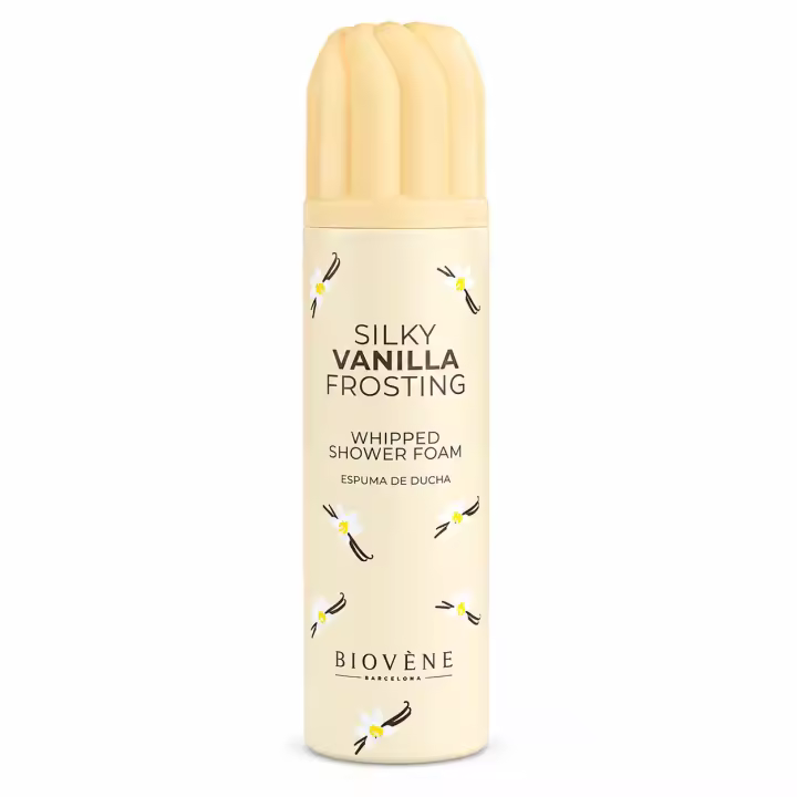 Silky Vanilla Frosting Whipped Shower Foam 250ml by Biovène Barcelona. Espuma de ducha con aroma dulce a vainilla cremosa, textura tipo mousse y sensación suave y reconfortante sobre la piel. 🚚 Envíos a España 24/48h - 1