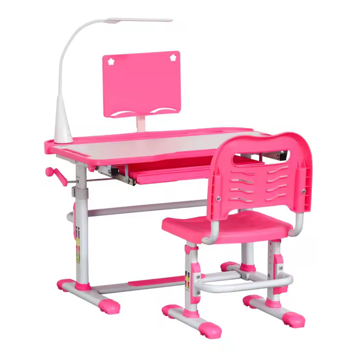 HOMCOM Juego de Escritorio y Silla para Niños de +6 Años Pupitre Infantil con Altura Ajustable Mesa Inclinable Cajón Lámpara LED y Portalápices 80x49,5x82-104 cm y 35,5x43,5x63-73 cm - 1