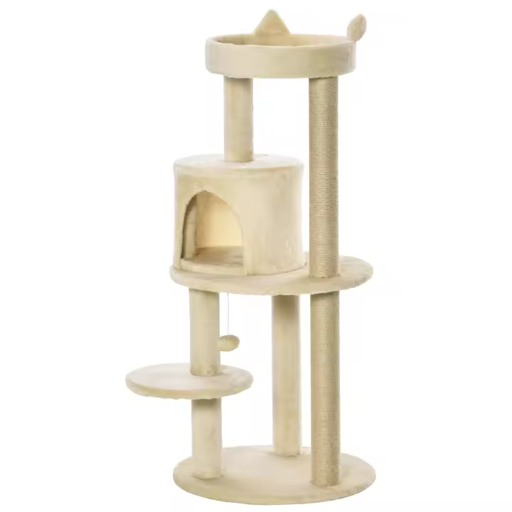 PawHut Árbol Rascador para Gatos de 104 cm Rascador para Gatos con Plataformas Refugio Postes de Sisal y Bola Colgante 48x48x104 cm Crema - 1
