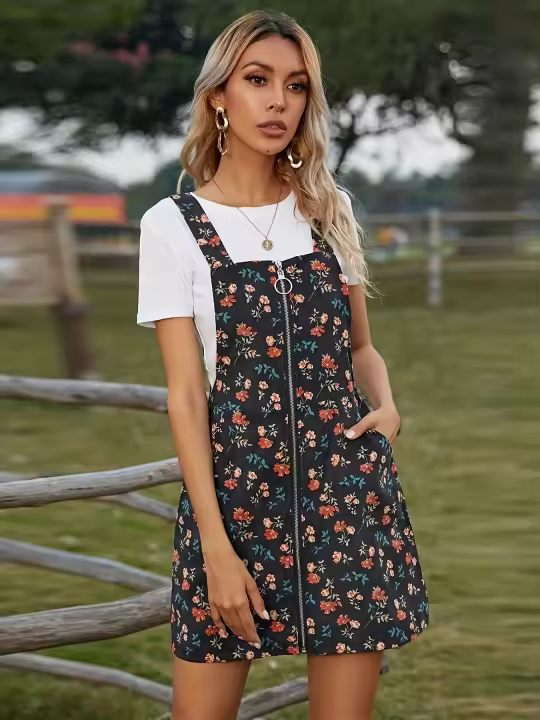 Vestido A-lineas De Felpa Con Estampado Floral Y Cremallera Frontal Para Mujer Vestido De Rodilla Casual Estampado Floral - 1