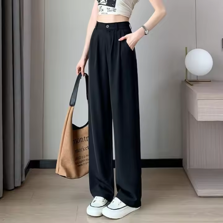 Pantalones De Sastre Para Mujer Cintura Alta Manga Larga Color Sólido Estilo Clásico Para Oficina Pantalones Rectos Y Anchos Basicos - 1