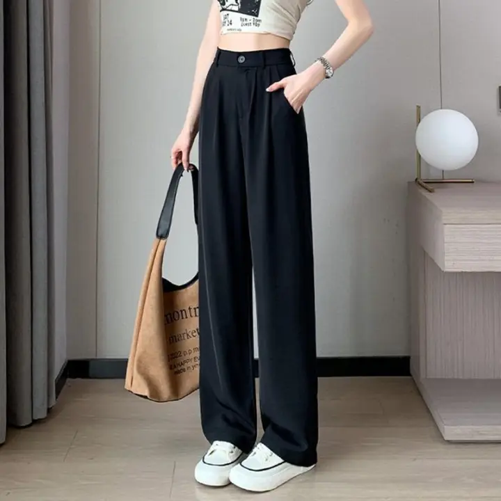 Pantalones De Sastre Para Mujer Cintura Alta Manga Larga Color Sólido Estilo Clásico Para Oficina Pantalones Rectos Y Anchos Basicos - 1