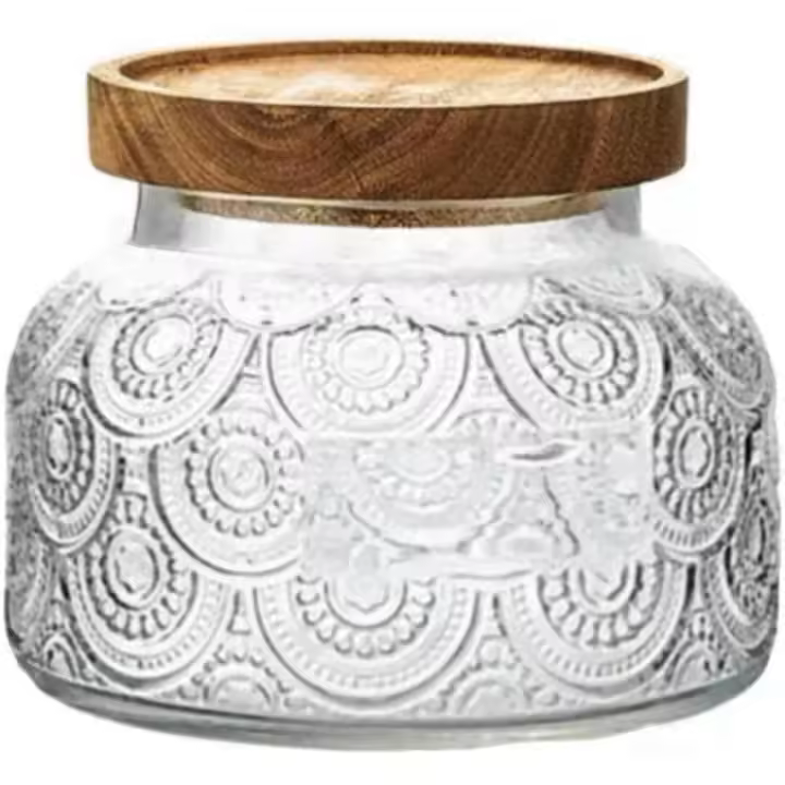 Tarro de almacenamiento de vidrio vintage, tarro de almacenamiento de alimentos de 25,4 FL OZ con tapa de madera maciza, organizador de bolsitas de té para la decoración de la cocina del hogar, contiene avena, mermelada, café, dulces, galletas y azúcar - 1