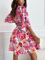 Vestido De Verano Para Mujer Estilo Casual Con Estampado De Flores Cuello En V Manga Media Ajuste Elegante Vestido De Fiesta - details 4