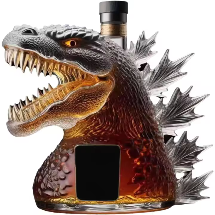 Botella de whisky de 330 ml - Estatua artística, botella de whisky de dinosaurio monstruo, nueva estatua de dinosaurio andante (2025), botella de whisky de vidrio, regalo navideño, decoración original para el hogar y el bar (B) - 1
