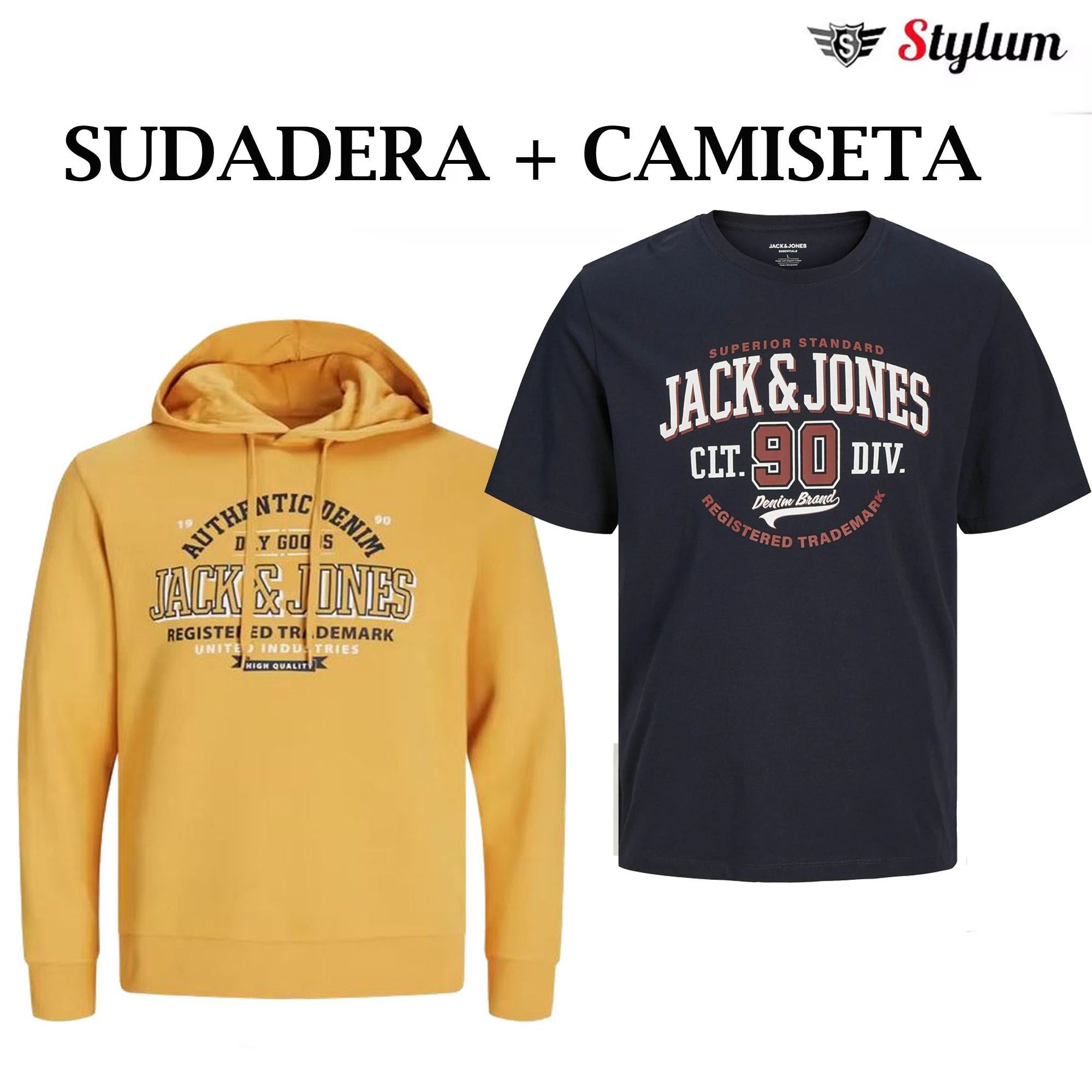 Jack & Jones Pack Sudadera + Camiseta Hombre , Con capucha ajustable ,Color Honey Gold y Navy Blazer Logo estampado Moda Casual Informal OTOÑO INVIERNO