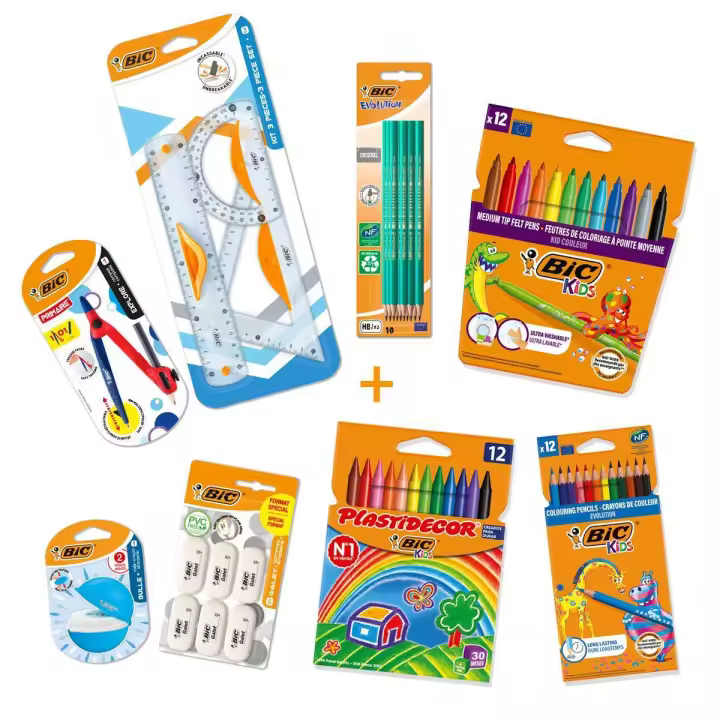 BIC Pack Coloreado y Geometria - Set de 12 lápices de colores Evolution, 12 ceras Plastidecor, 12 rotuladores lavables Kid Couleur y 1 conjunto de geometría (1 compasso, 1 régua, 1 esquadro, 1 transferidor, 10 lápices de grafito HB, 6 gomas de borrar y 1 - 1