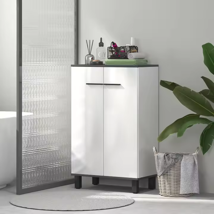 HOMCOM Armario de Baño Mueble Auxiliar de Baño con Puertas Estantes Ajustables y Sistema Anti-vuelco 60x34x94 cm Blanco Brillo - 1