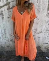 Falda Casual De Verano Manga Larga Cuello V Color Sólido Algodón Y Lino Ajuste Suave Vestido Midi Para Mujer - details 2