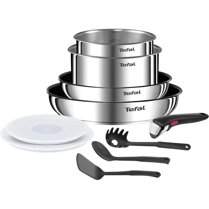 Set de cocina de 10 piezas Tefal Ingenio Emotion, sartenes de 22/26 cm + cazos de 16/18 cm acero inoxidable, apilable, Inducción, 5 años de garantía, revestimiento antiadherente, L8971S04