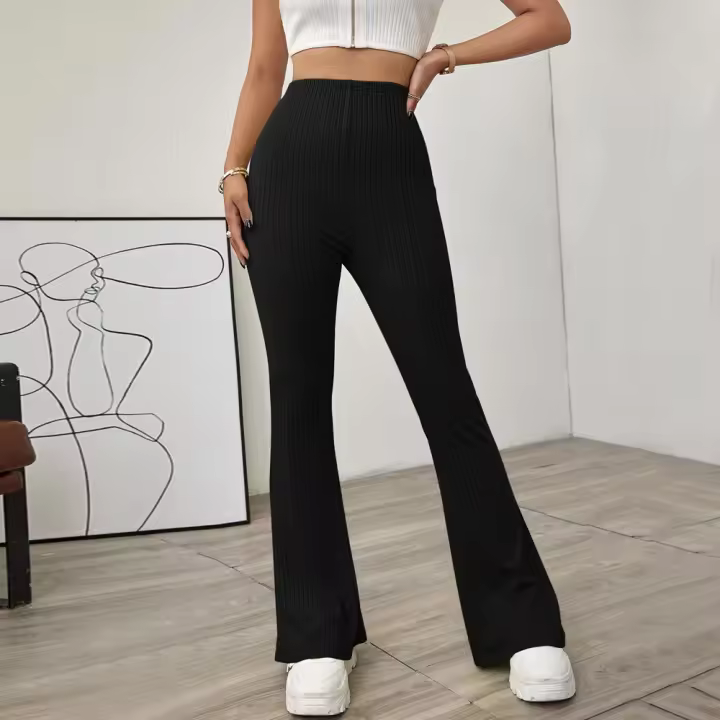 Pantalones De Yoga De Cintura Alta Ribbed Para Mujer Leggings De Fitness Y Ejercicio Con Pierna Flare Material De Poliéster - 1
