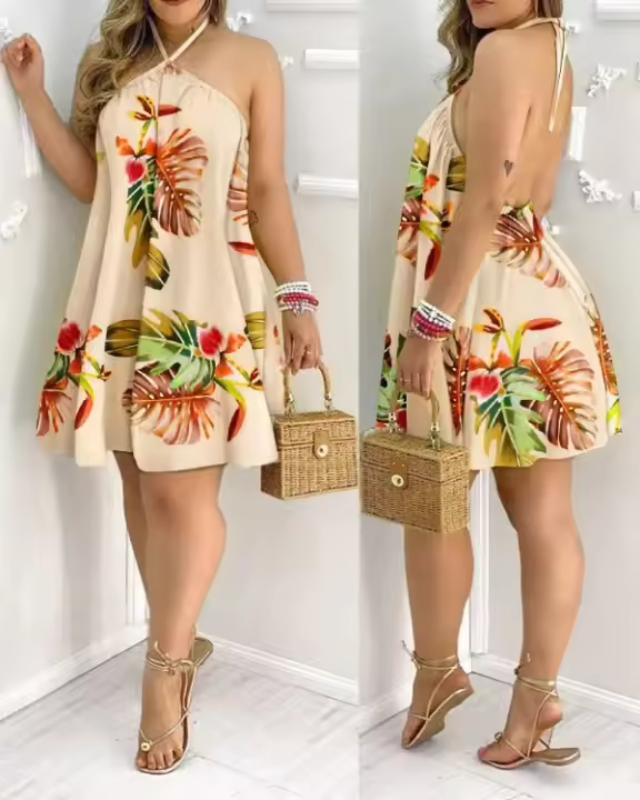 Vestido De Halter Neck Con Estampado Tropical Vestido Sin Espalda Para Vacaciones Estilo Bohemio Mujer Primavera Verano - 1