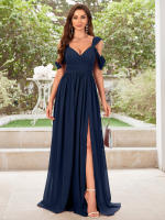 Vestido De Noche Elegante Para Mujer Unithorse Con Hombros Finos Manga Corta Cintura Ajustada Y Abertura En El Lado Chiffón Formal Para Damas De Honor - details 14