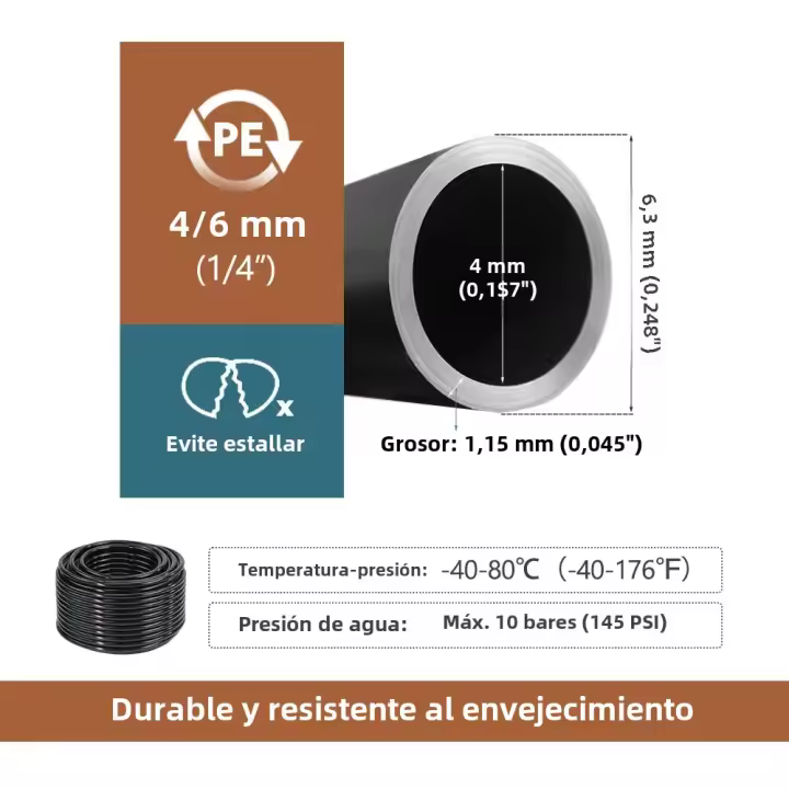 Tubo De Riego PE Negro Para Jardín 1/4" 3/8" Diametro Exterior 6mm-12mm Tubo De Agua Para Sistema De Rociador Y Juntas - 1
