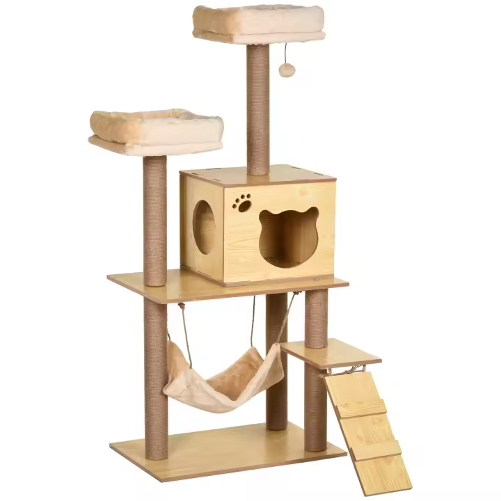 PawHut Árbol Rascador para Gatos Altura 130 cm Torre para Gatos con Postes Rascadores de Yute 2 Camas Hamaca Cueva Bola Colgante y Rampa 60x40x130 cm Natural - 1