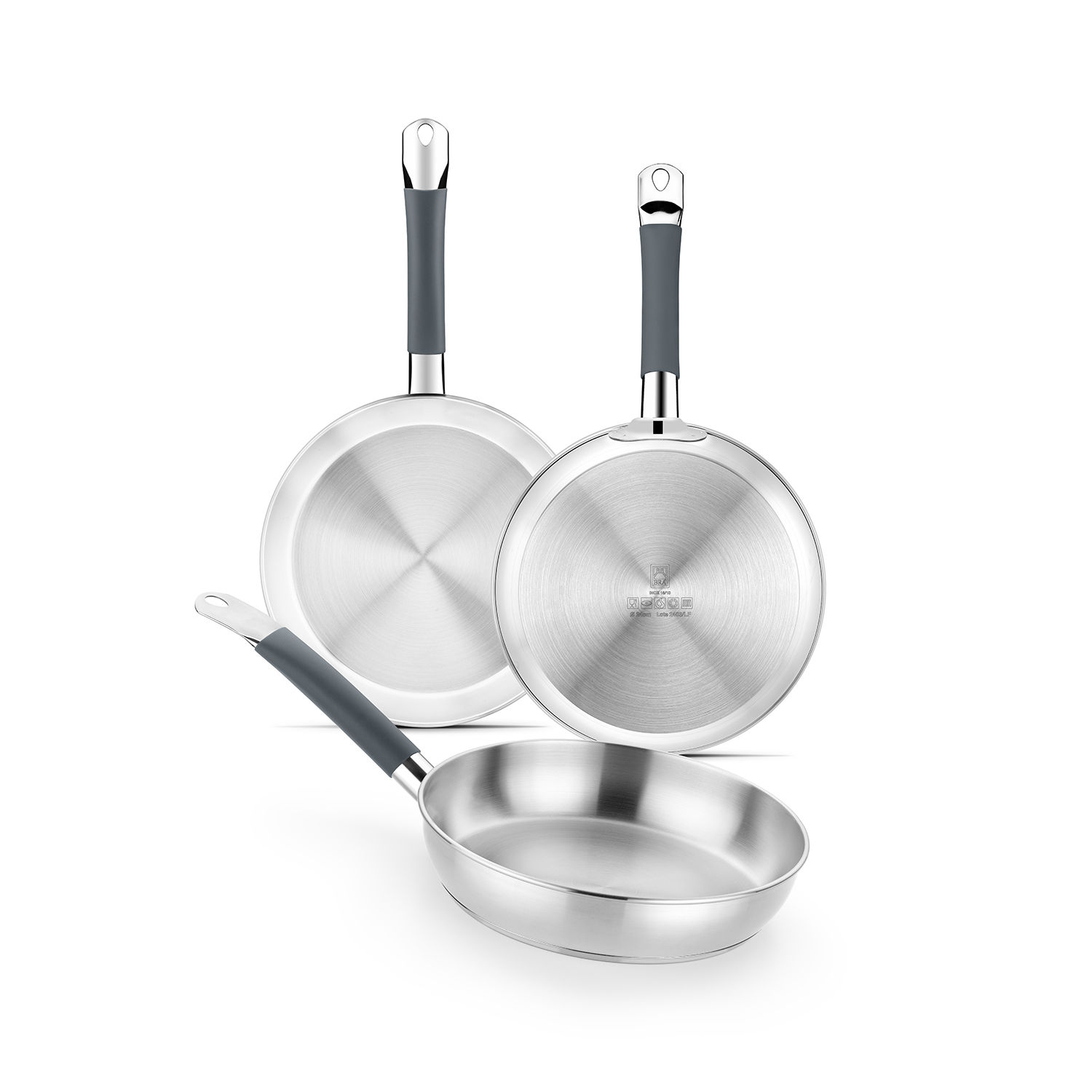 BRA Master – Set de 3 Sartenes Acero Inoxidable 18/10 (20-24-28 cm) – Sin Antiadherente, Libres de PFAS – Apto para Inducción y Horno – Mango con Silicona Anticalor – Acabado Pulido Brillante