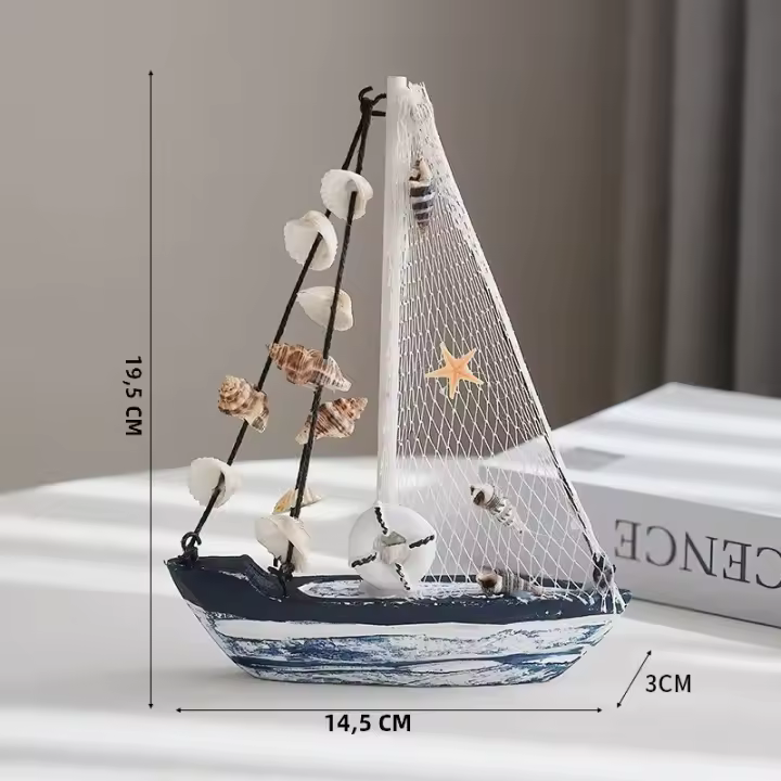 Barco De Concha Azul Y Blanca Decoración Mediterránea Hecho a Mano Regalo De Artesanía Vintage Estilo Náutico Suave Navegación - 1