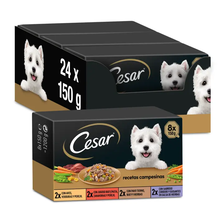 Cesar Comida Húmeda para Perros, Selección Recetas Campesinas en Salsa, Multipack (Pack de 3 x 8 Tarrinas x 150g) - 1
