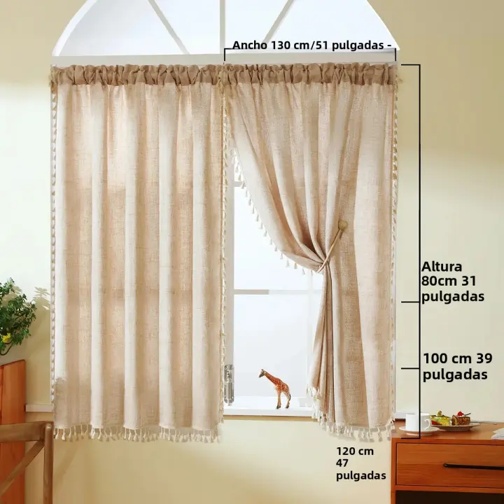 Valance De Cortina De Café De Color Puro Estilo Boho Japonés Decoración Para Ventanas Puertas Y Habitaciones Con Bolso Para Rodillo - 1