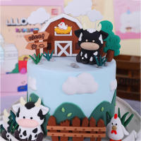 Nueva Torre De Pasteles De Granja Con Vaca Blanca Y Negra Decoraciones De Pastel Para Niños Fiesta De Cumpleaños Con Casas De Granja Árboles Hierba - details 1