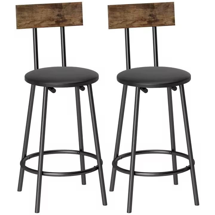 HOMCOM Juego de 2 Taburetes de Bar, Taburetes Altos de Cocina con Respaldo y Reposapiés, Tapizados en PU, Marco Metálico, Asiento de 60 cm de Altura, Negro - 1