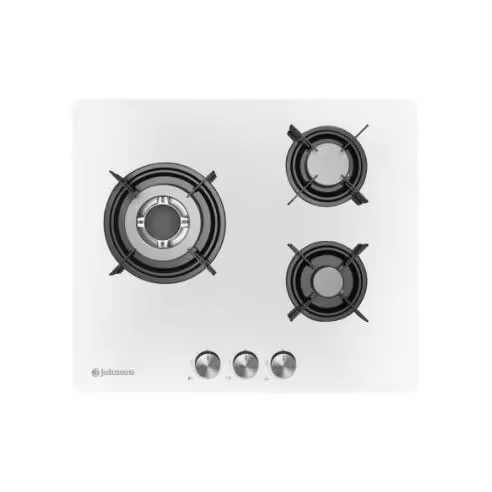 Meimon Encimera de Gas Johnson  Cristal Blanco con Parrillas de Hierro Fundido, 3 Zonas de Cocinado, Fuego Triple Llama (3,3 kW), Fuego Semi-rápido (1,75 kW), Fuego Auxiliar (1 kW), Autoencendido, Válvula de Seguridad, Kit Gas Natural Incluido - 1