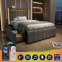 Cama Upholsted Función de carga USB Type C Iluminación LED Y 2 cartuchos, Cama Juvenil 90x200 cm Cama individual Cama de almacenamiento Estructura de Cama Con base de listones de Madera, gris (with colchón) - details 3