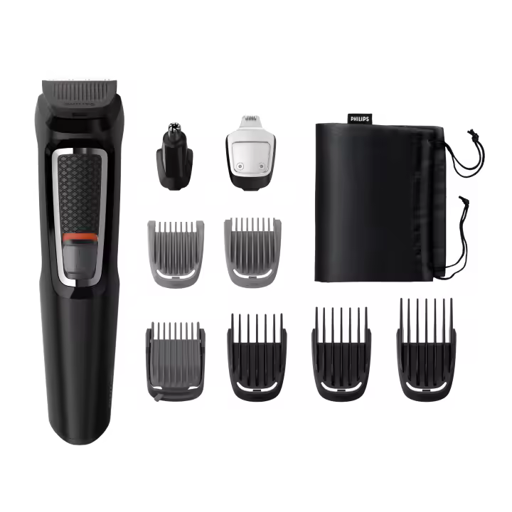 Philips Set Arreglo Personal Serie 3000, 9 accesorios (cara+cabeza), Cuchillas autoafilables, 60 min autonomia, incliuye barbero, recortador de detalles, naricero, peine ajustable barba, 2 peines barba corta, 3 peines cabeza y funda. (MG3740/15) - 1