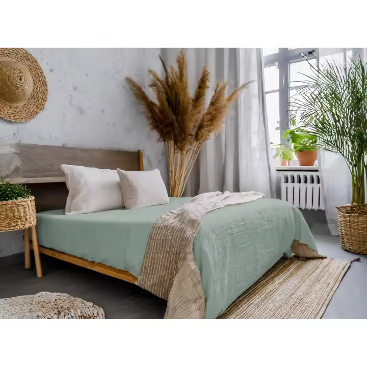 SANSY - Colcha NIA de Lino Natural Liso en color Verde con Ribete para cama de 105 HECHO EN ESPAÑA - 1