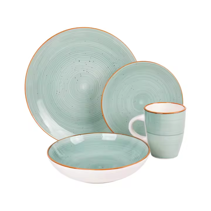 Cofan Vajilla de cerámica color verde agua pintada a mano | Set de 16 piezas | Apta para lavavajillas, microondas y horno - 1