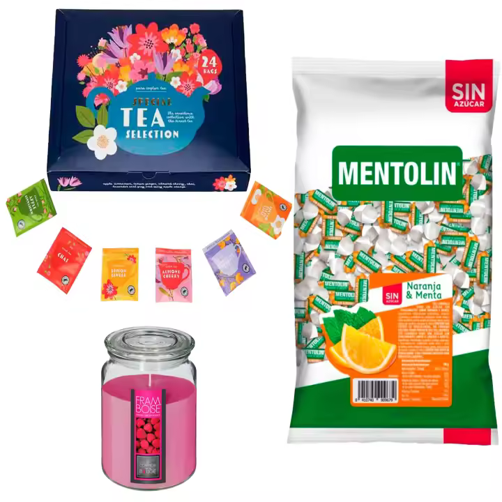 Lote respira: MENTOLIN NARANJA S/A BOLSA 1KG + Vela perfumada de frambuesa + Set de Te con 24 bolsitas con diferentes sabores y aromas - 1