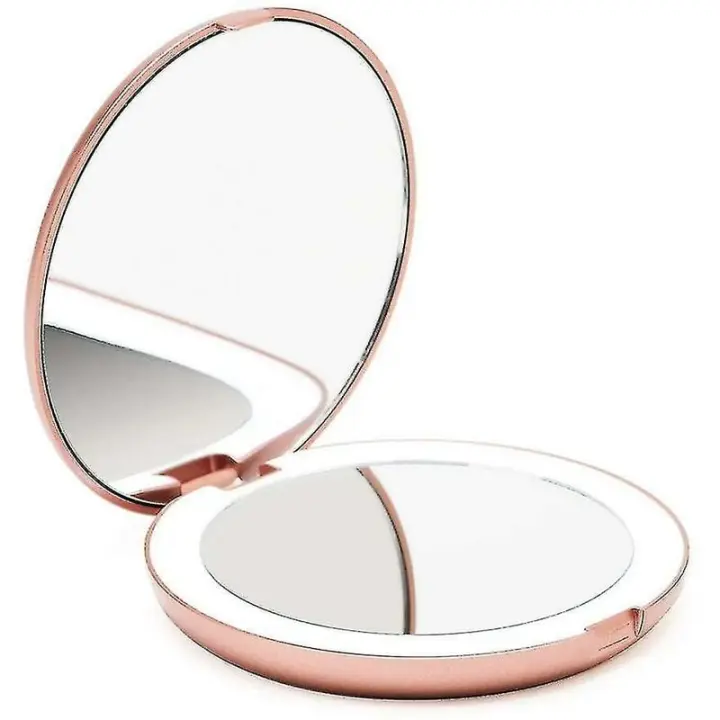Espejo de bolsillo iluminado, aumento de 1x/10x - Espejo de mano de maquillaje grande con iluminación natural, 5" de diámetro, compacto y portátil para viajes - 1