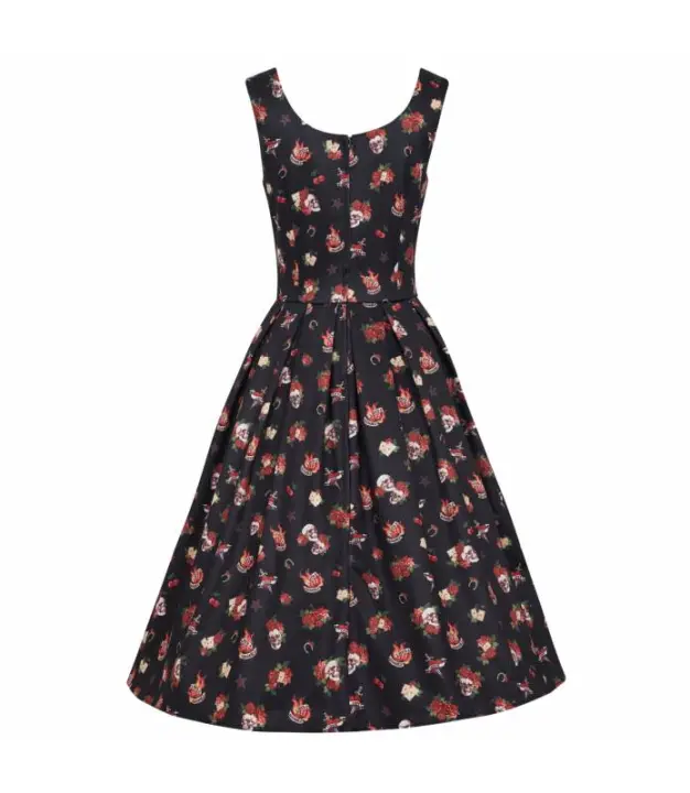 Vestido Pin Up Negro Estampado Calaveras y Rosas Bolsillos Vuelo Amanda Vintage Dolly and Dotty V950 - 1