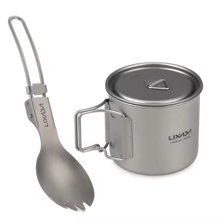 Set De Cocina Ultraligero Lixada Con Taza De Titanio 300ml/350ml/550ml/650ml Y Cuchara Plegable Para Camping Senderismo Y Escalada - 1