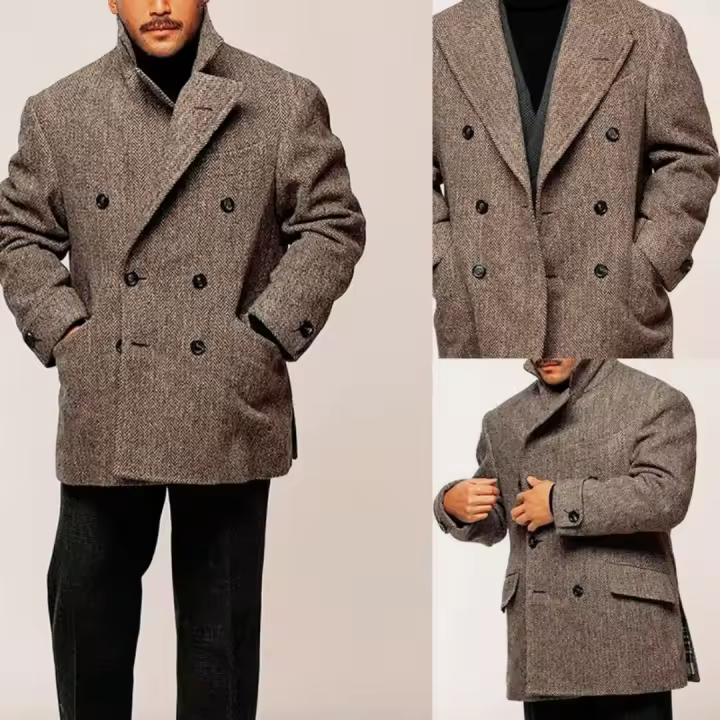 Chaleco De Hombros Rayados Marrón Para Hombre Chaqueta Casual Doble Botones Traje De Escenario Ropa De Hombre Chaqueta De Mano - 1