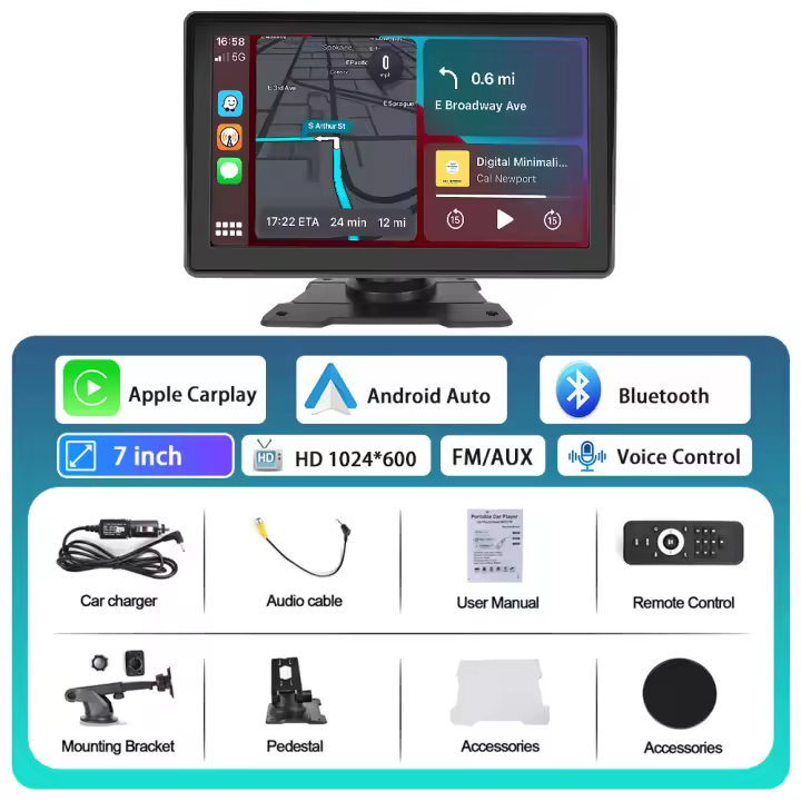 Podofo Monitor inalámbrico de 7 pulgadas para salpicadero de coche, Carplay, Android, Mirror Link, cámara de salpicadero, Bluetooth, FM, navegación GPS, reproductor inteligente - 1