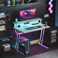 HOMCOM Mesa Gaming con Luces LED 100x60 cm Escritorio Gaming Mesa Gamer con Tomas de Corriente Soporte para Monitor Estantes y Control Remoto para Oficina Estudio Natural - details 1