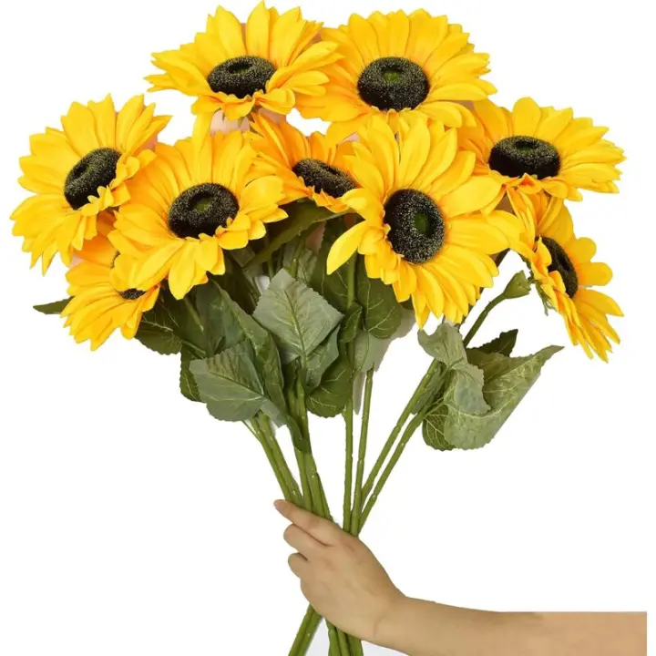 6PCS Grandes fleurs artificielles tournesols avec longue tige Faux tournesols en soie Décoration en vrac pour la maison le maria - 1