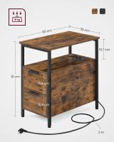 Mesa auxiliar multifuncional con multienchufe, diseño compacto con 2 cajones, ideal como mesita de noche, almacenamiento adicional para salón y dormitorio, disponible en gris ahumado o marrón rústico - details 6