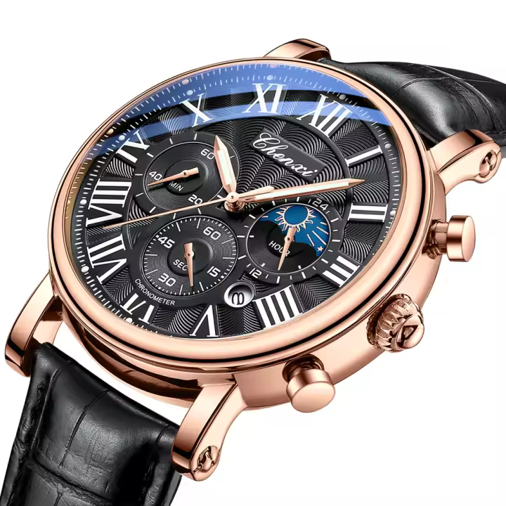 Reloj De Negocios Lujo CHENXI Para Hombre Moda Cronógrafo Fase Lunar Fecha Resistente Al Agua Multifuncional Cuarzo Pulsera Con Manos Luminosas Material De Correa Cuero Display Numeral Romano - 1