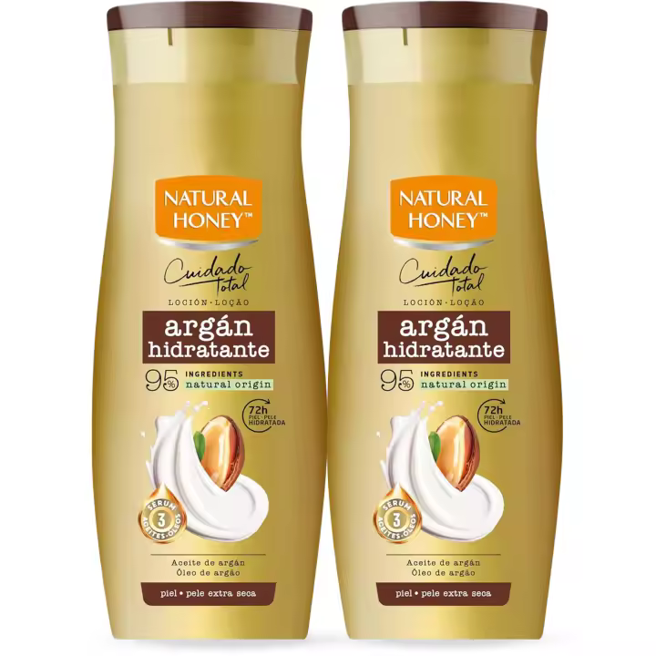 Natural Honey, Loción Corporal Argán Hidratante para Pieles Secas, 72H de Hidratación Profunda, Fórmula con Aceite de Argán y Sérum de 3 Aceites, Piel Suave y Radiante, Línea Cuidado Total, 330 ml por Botella - 1