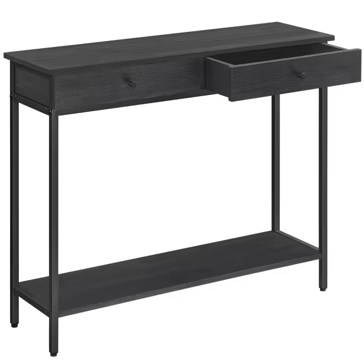 VASAGLE Mesa de Consola, Mesa de Entrada, Mesa de Sofá con 2 Cajones, Marco de Acero, Estable, para Pasillo, Dormitorio, Salón, Estilo Industrial, Gris Carbón y Negro Tinta/Marrón Camello y Negro Tinta - 1