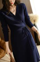 Vestido De Mujer Otoño Invierno Suéter Elegante Abrazado a La Cintura V-cuello A-Line Midi De Poliéster Tratamiento De Corte De Trenza Elegante Ropa Oficina Lady - details 3