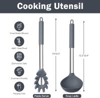 Utensilios de cocina de silicona, 2 cucharas soperas grandes antiadherentes y tenedor para pasta para cocinar, mezclar, servir sopa, salsa, pasta y huevos. No tóxicos, resistentes al calor y aptos para lavavajillas, color gris claro. - details 0
