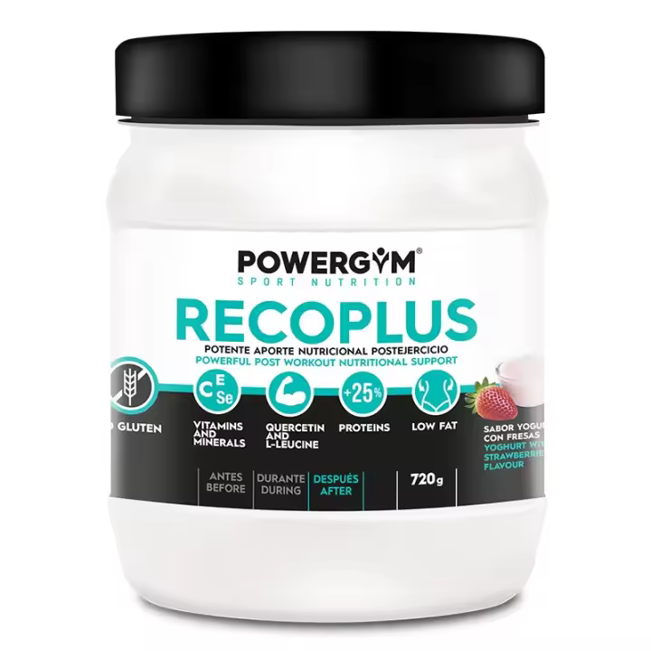 POWERGYM  RECOPLUS 720 g Sabor YOGHURT WITH STRAWBERRIES Suplemento Recuperador Postejercicio – Recuperador completo con hidratos de carbono, proteínas, aminoácidos, vitaminas y minerales - 1