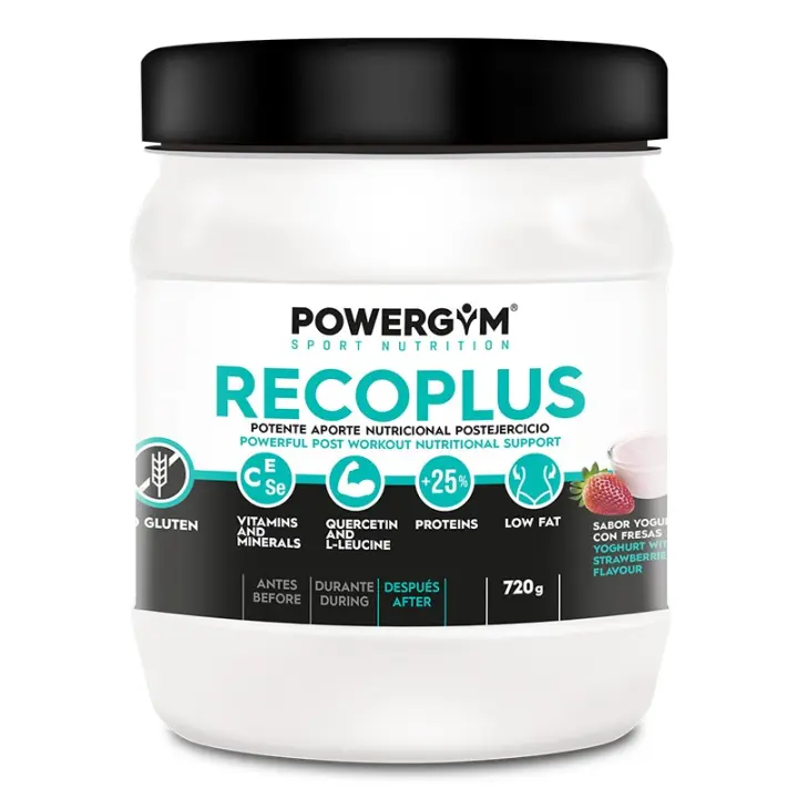 POWERGYM  RECOPLUS 720 g Sabor YOGHURT WITH STRAWBERRIES Suplemento Recuperador Postejercicio – Recuperador completo con hidratos de carbono, proteínas, aminoácidos, vitaminas y minerales - 1