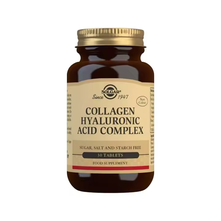 Solgar  Ácido Hialurónico Complex con Colágeno y Vitamina C– Prevención del envejecimiento – Cuidado de la piel – Reparación de la piel apagada y deshidratada – 30 Comprimidos - 1