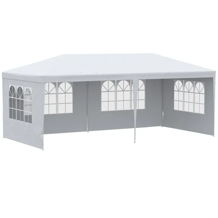 Outsunny Carpa de Jardín con Laterales Desmontables 6x3 m Gazebo Pabellón con 4 Ventanas Transparentes 12 Orificios de Drenaje y Marco de Acero para Exterior Terraza Blanco - 1